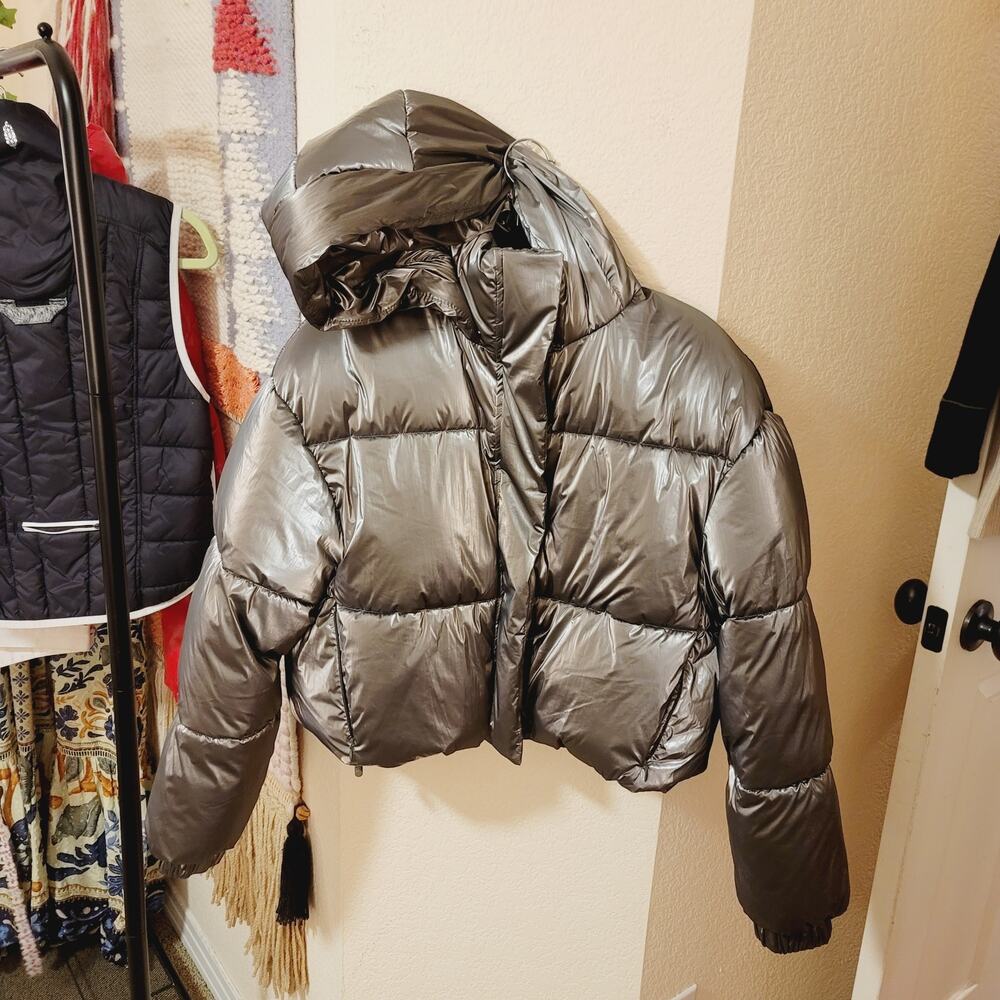 Zara Cropped Puffer w Hood in Metallic Pewter, sz Medium